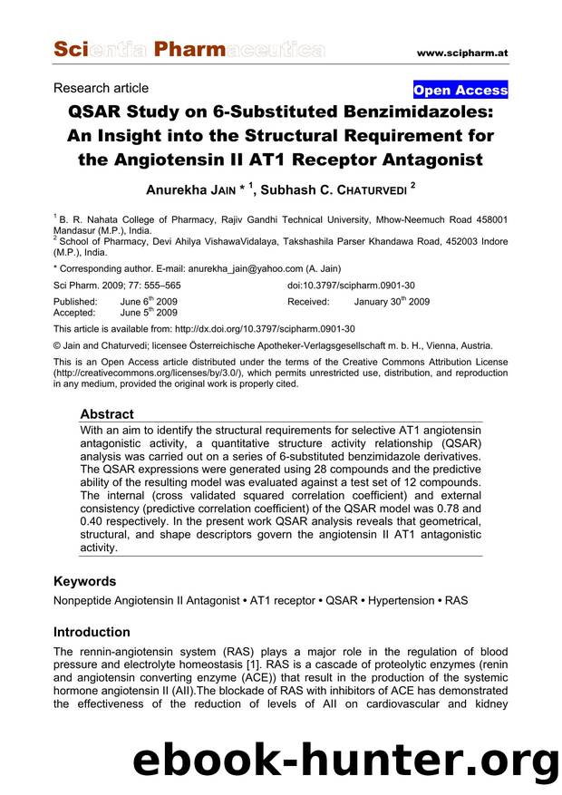 QSAR Study on 6-Substituted Benzimidazoles: An Insight into the Structural Requirement for the Angiotensin II AT1 Receptor Antagonist by Anurekha JAIN & Subhash C. CHATURVEDI