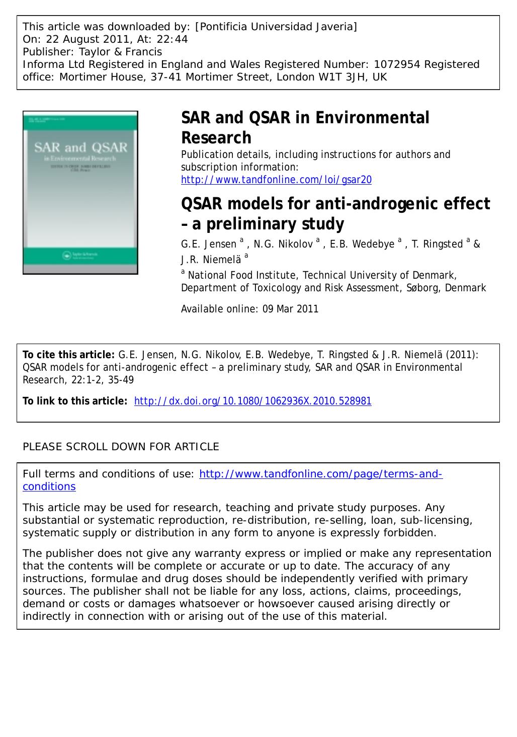QSAR models for anti-androgenic effect â a preliminary study by G.E. Jensen a * gunje@food.dtu.dk N.G. Nikolov a E.B. Wedebye a T. Ringsted a & J.R. Niemelä a