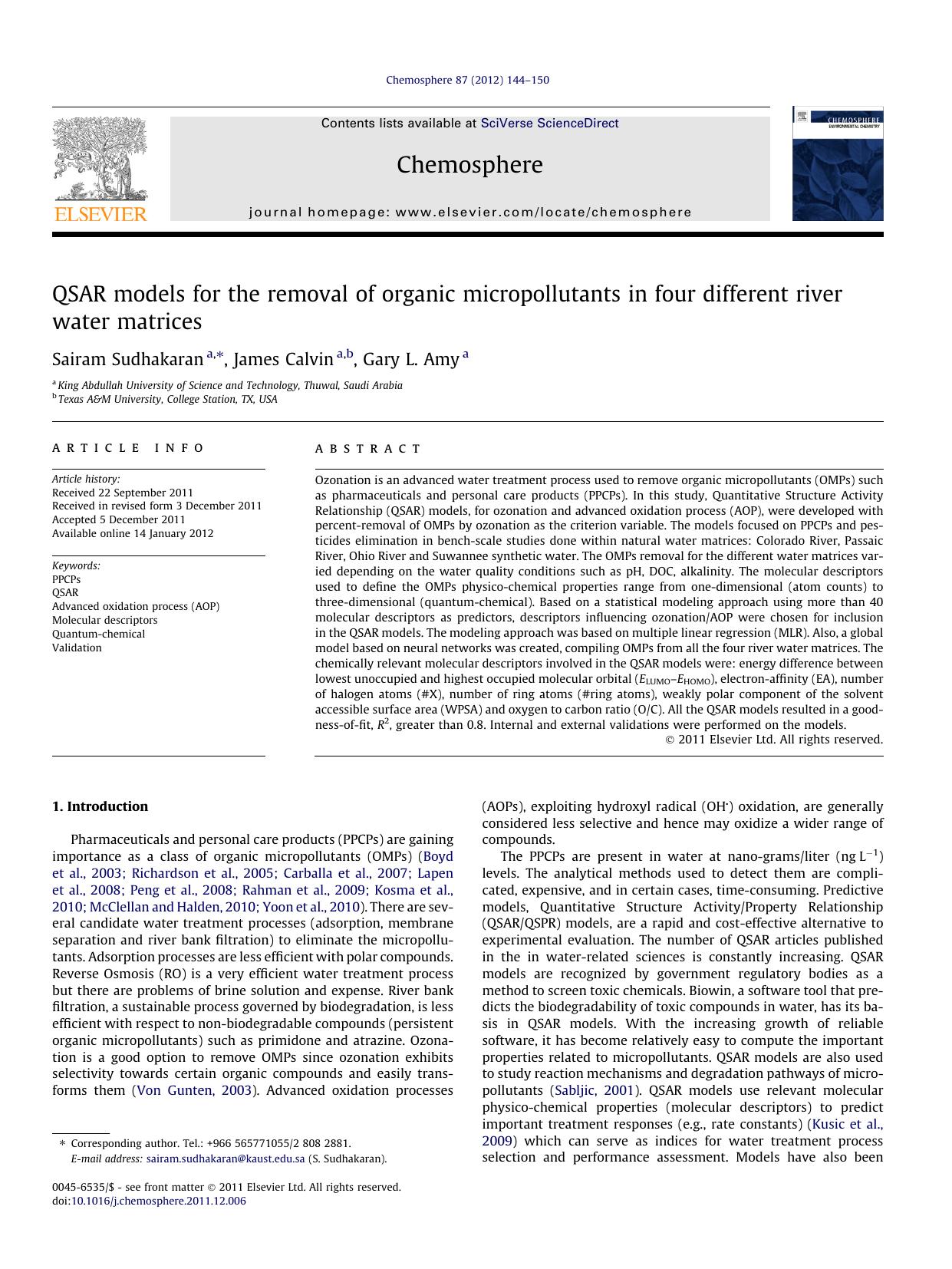 QSAR models for the removal of organic micropollutants in four different river water matrices by Sairam Sudhakaran & James Calvin & Gary L. Amy