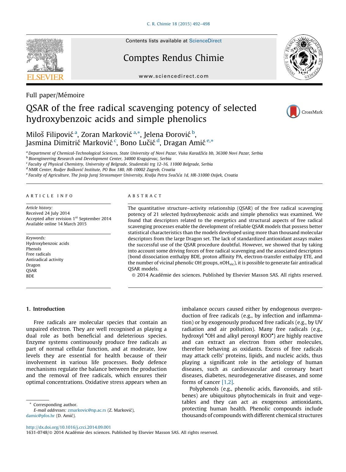 QSAR of the free radical scavenging potency of selected hydroxybenzoic acids and simple phenolics by unknow