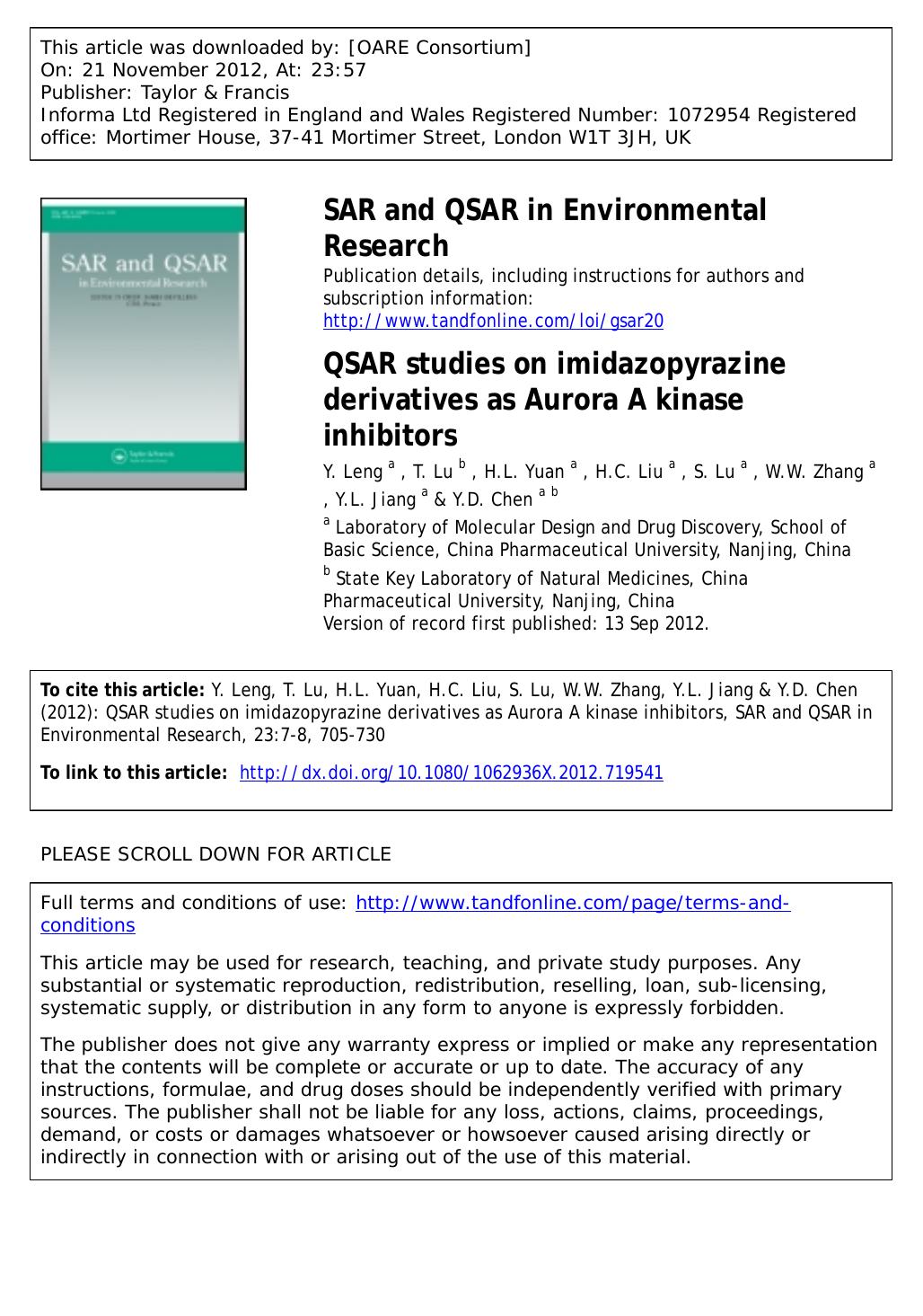 QSAR studies on imidazopyrazine derivatives as Aurora A kinase inhibitors by Y. Leng T. Lu H.L. Yuan H.C. Liu S. Lu W.W. Zhang Y.L. Jiang & Y.D. Chen