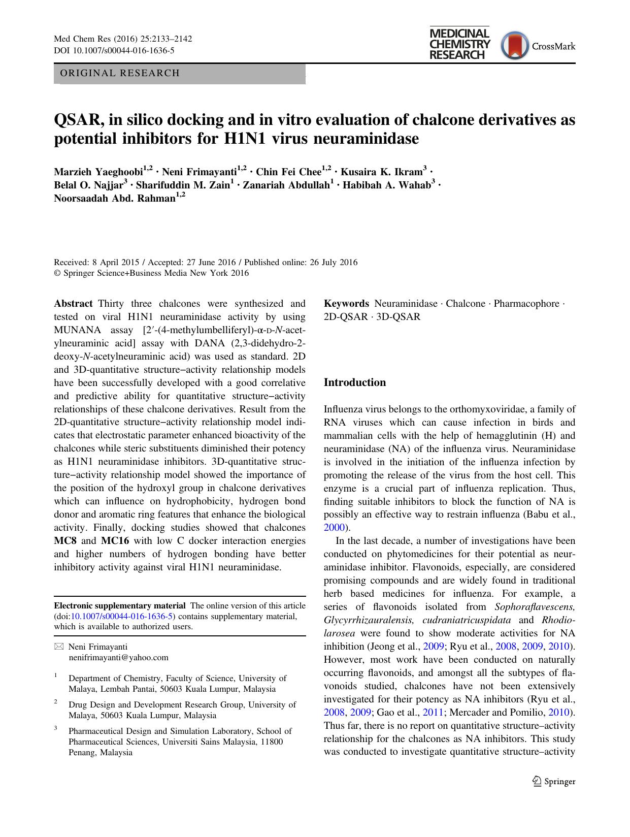 QSAR, in silico docking and in vitro evaluation of chalcone derivatives as potential inhibitors for H1N1 virus neuraminidase by unknow