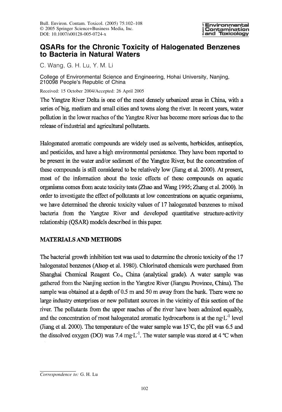 QSARs for the Chronic Toxicity of Halogenated Benzenes to Bacteria in Natural Waters by Wang C.; et al