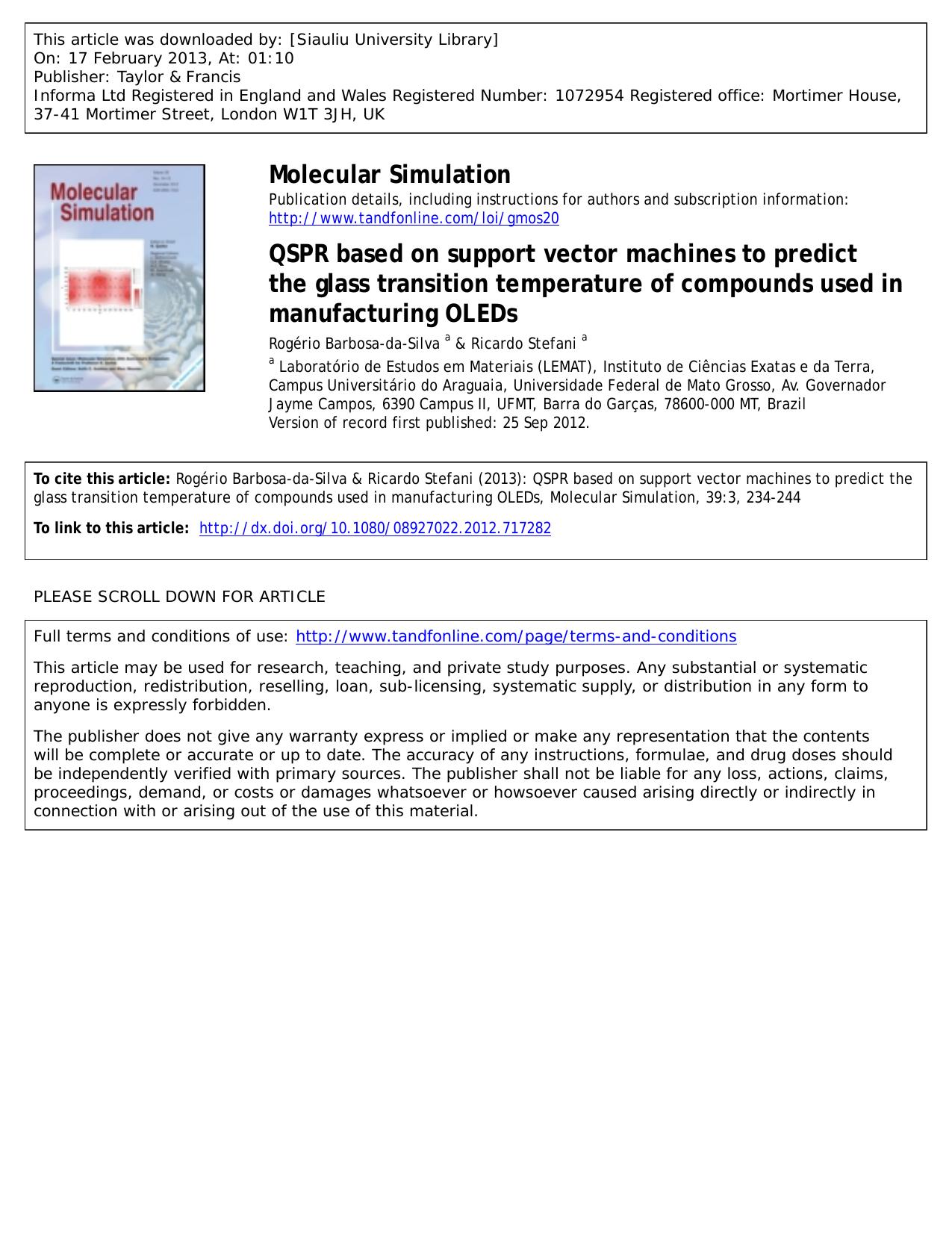QSPR based on support vector machines to predict the glass transition temperature of compounds used in manufacturing OLEDs by Rogério Barbosa-da-Silva & Ricardo Stefani