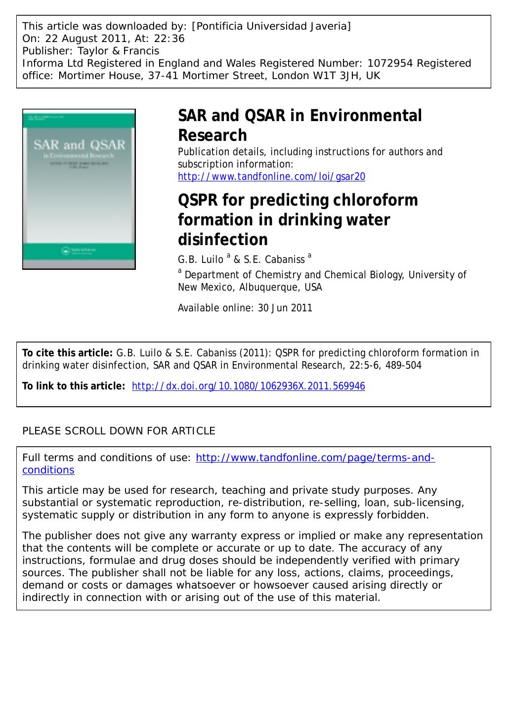 QSPR for predicting chloroform formation in drinking water disinfection by G.B. Luilo a & S.E. Cabaniss a * cabaniss@unm.edu
