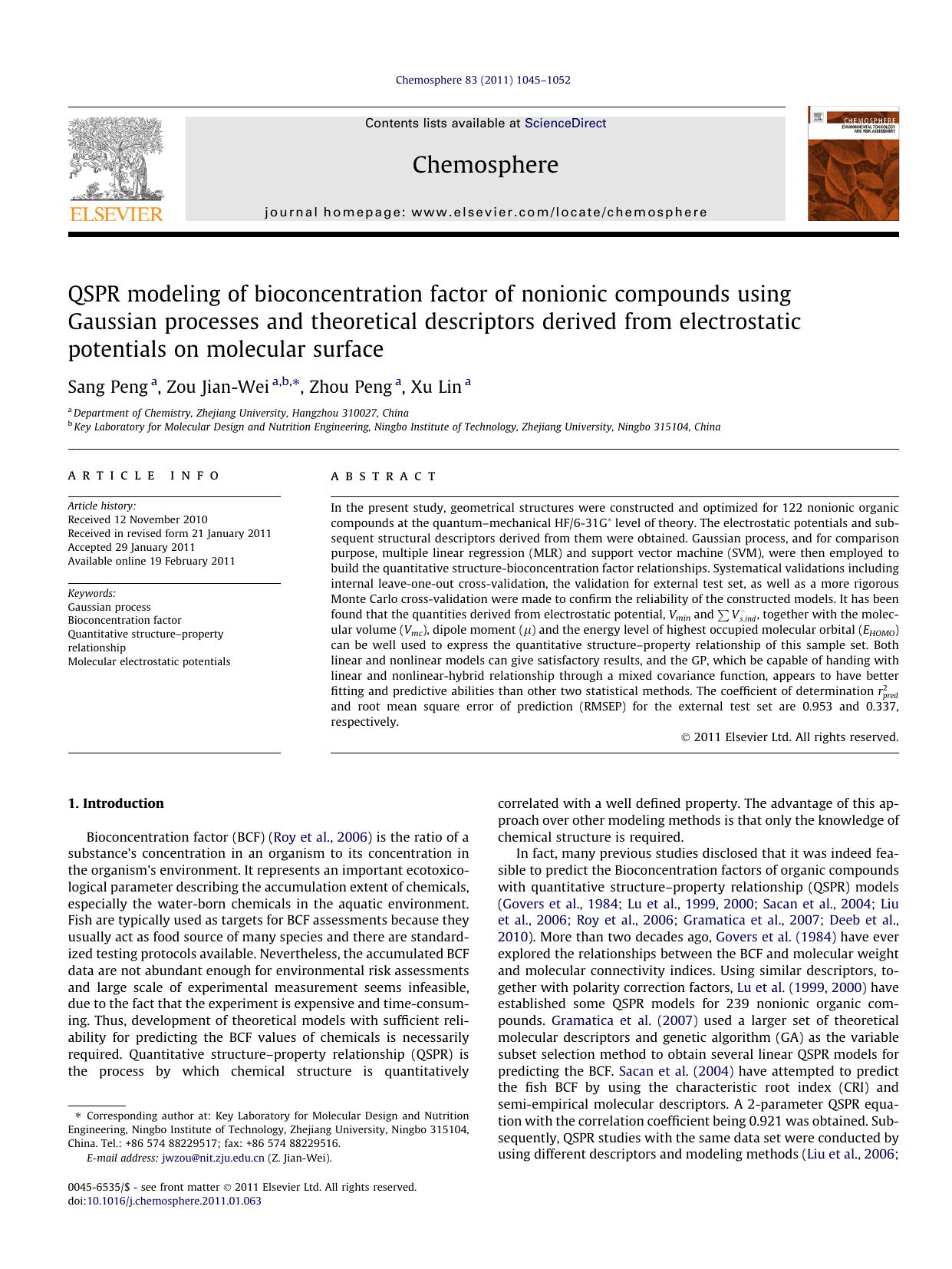 QSPR modeling of bioconcentration factor of nonionic compounds using Gaussian processes and theoretical descriptors derived from electrostatic potentials on molecular surface by Sang Peng & Zou Jian-Wei & Zhou Peng & Xu Lin