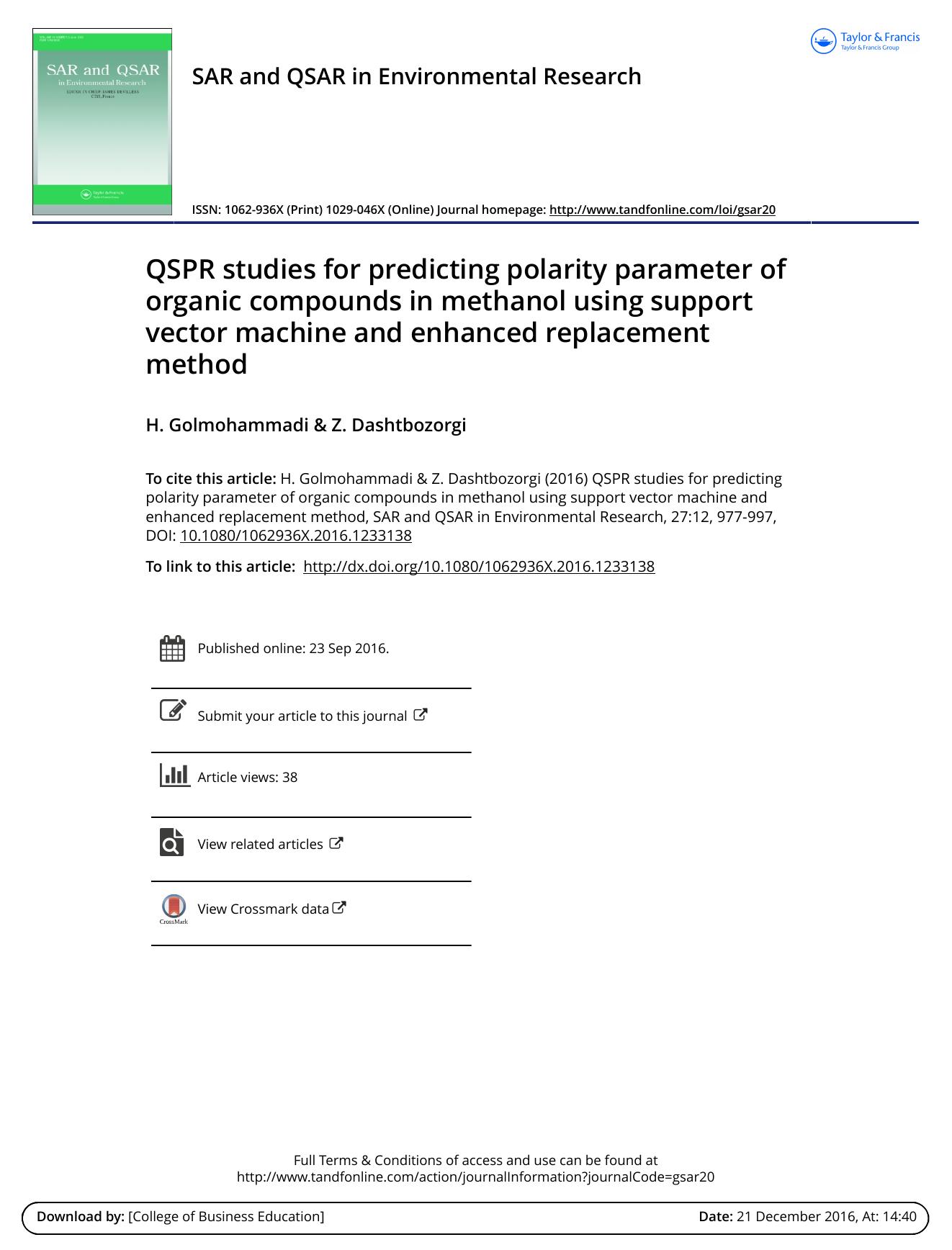 QSPR studies for predicting polarity parameter of organic compounds in methanol using support vector machine and enhanced replacement method by H. Golmohammadi & Z. Dashtbozorgi