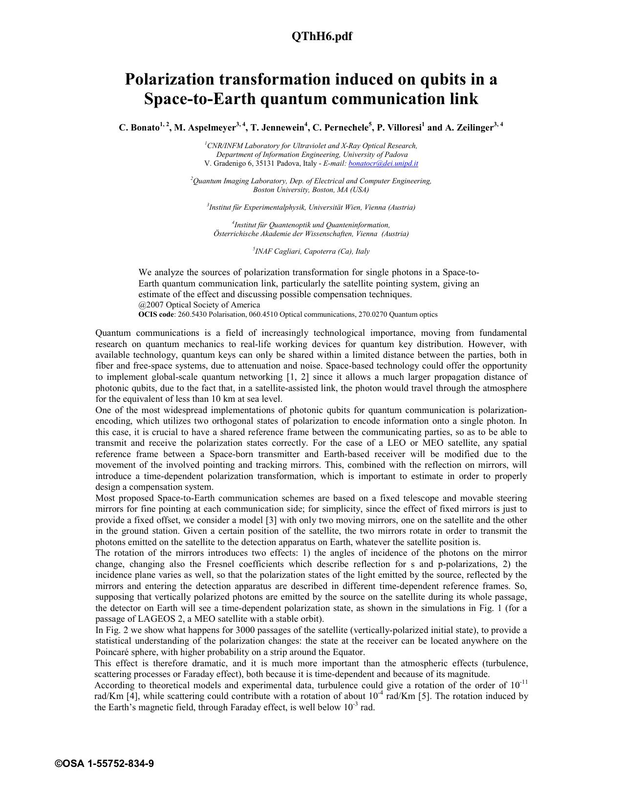 QThH6 - Polarization Transformations Induced on Qubits Transmitted in a Space-to-Earth Quantum Communication Link by Unknown