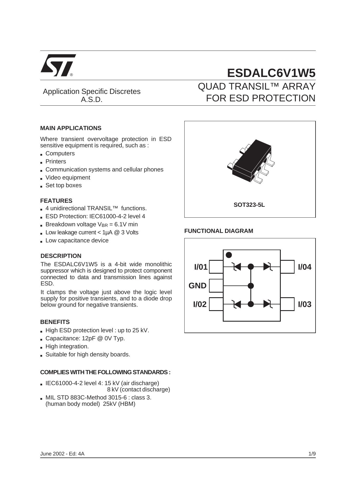 QUAD TRANSIL ARRAY FOR ESD PROTECTION by STMicroelectronics