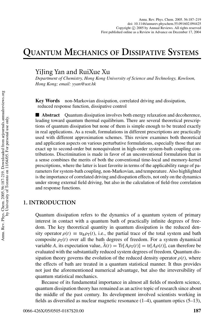 QUANTUM MECHANICS OF DISSIPATIVE SYSTEMS by YiJing Yan & RuiXue Xu