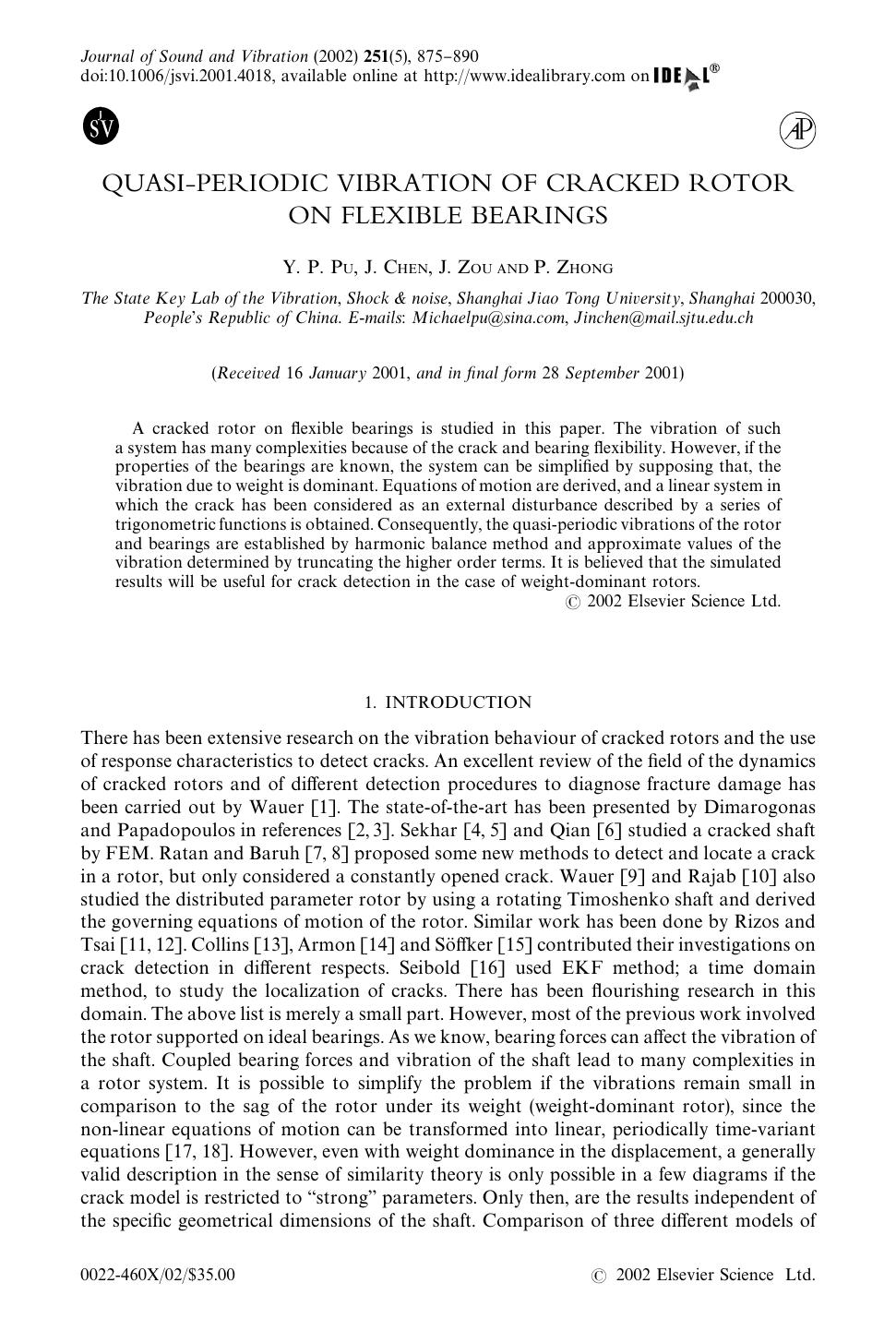 QUASI-PERIODIC VIBRATION OF CRACKED ROTOR ON FLEXIBLE BEARINGS by PU Y. P. et al