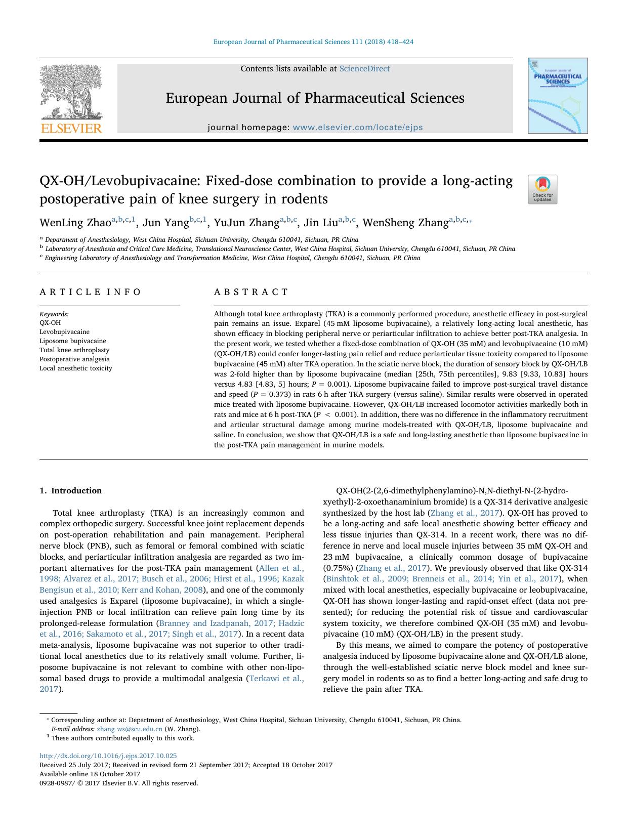 QX-OHLevobupivacaine_ Fixed-dose combination to provide a long-acting postoperative pain of knee surgery in rodents by WenLing Zhao & Jun Yang & YuJun Zhang & Jin Liu & WenSheng Zhang