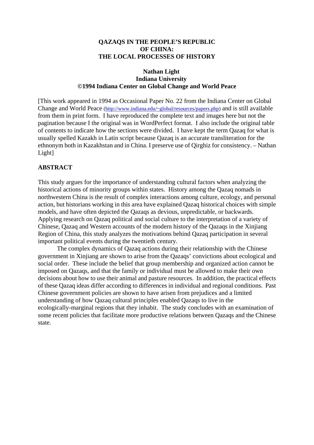Qazaqs in the Peopleâs Republic of China: the local processes of history by Nathan Light