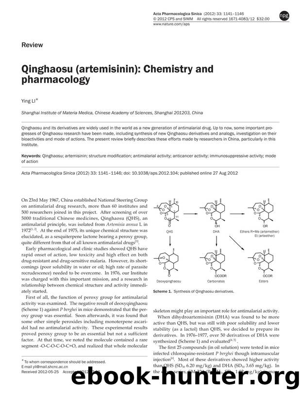 Qinghaosu (artemisinin): Chemistry and pharmacology by Ying Li