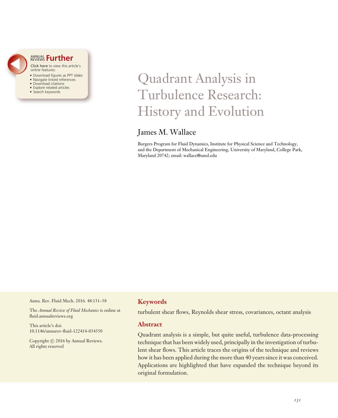 Quadrant Analysis in Turbulence Research: History and Evolution by James M. Wallace