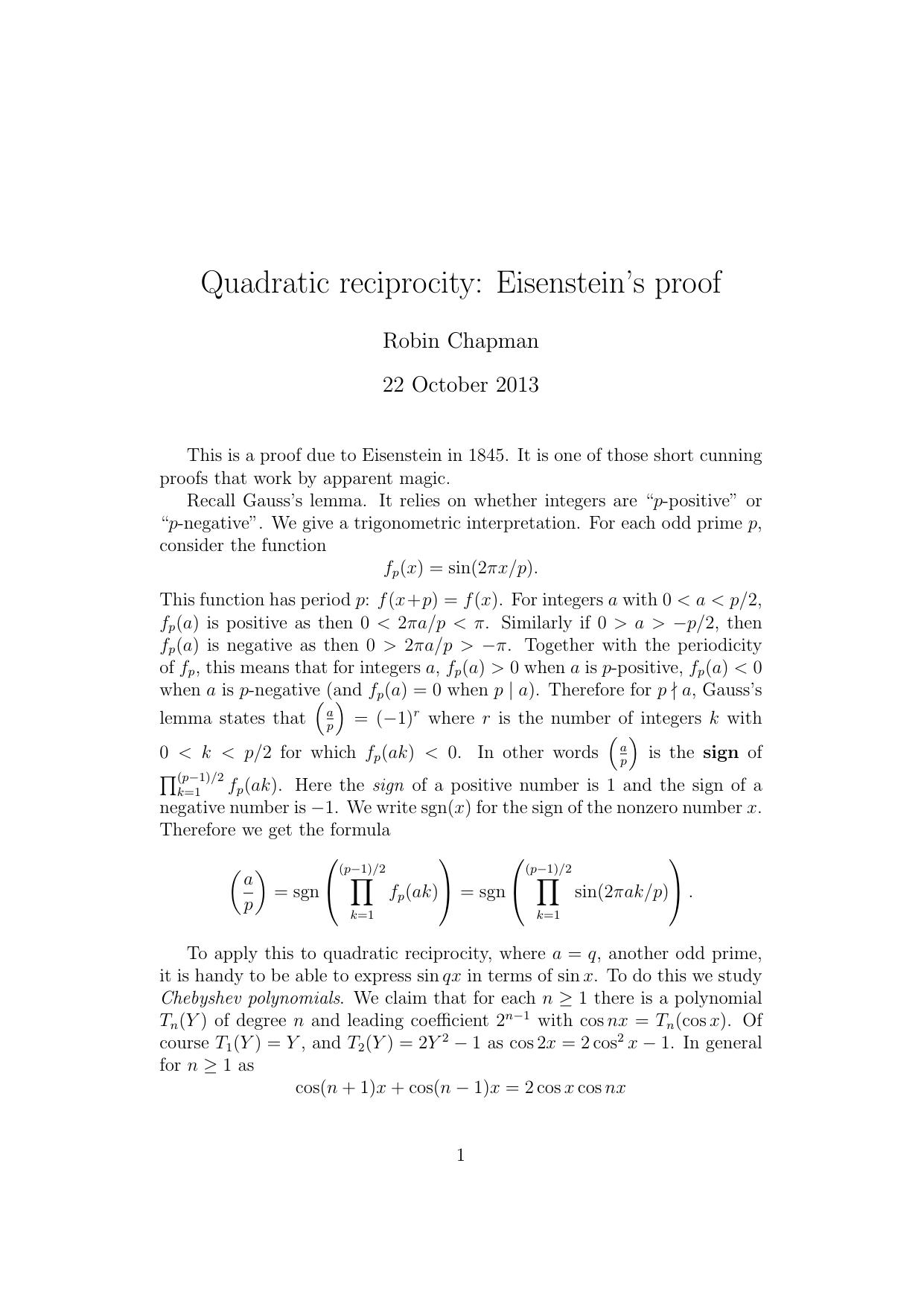 Quadratic reciprocity: Eisensteinâs proof [Lecture notes] by Robin Chapman
