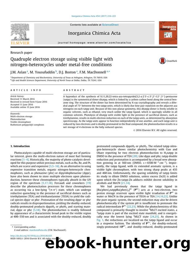 Quadruple electron storage using visible light with nitrogen-heterocycles under metal-free conditions by J.M. Aslan & M. Yousufuddin & D.J. Boston & F.M. MacDonnell
