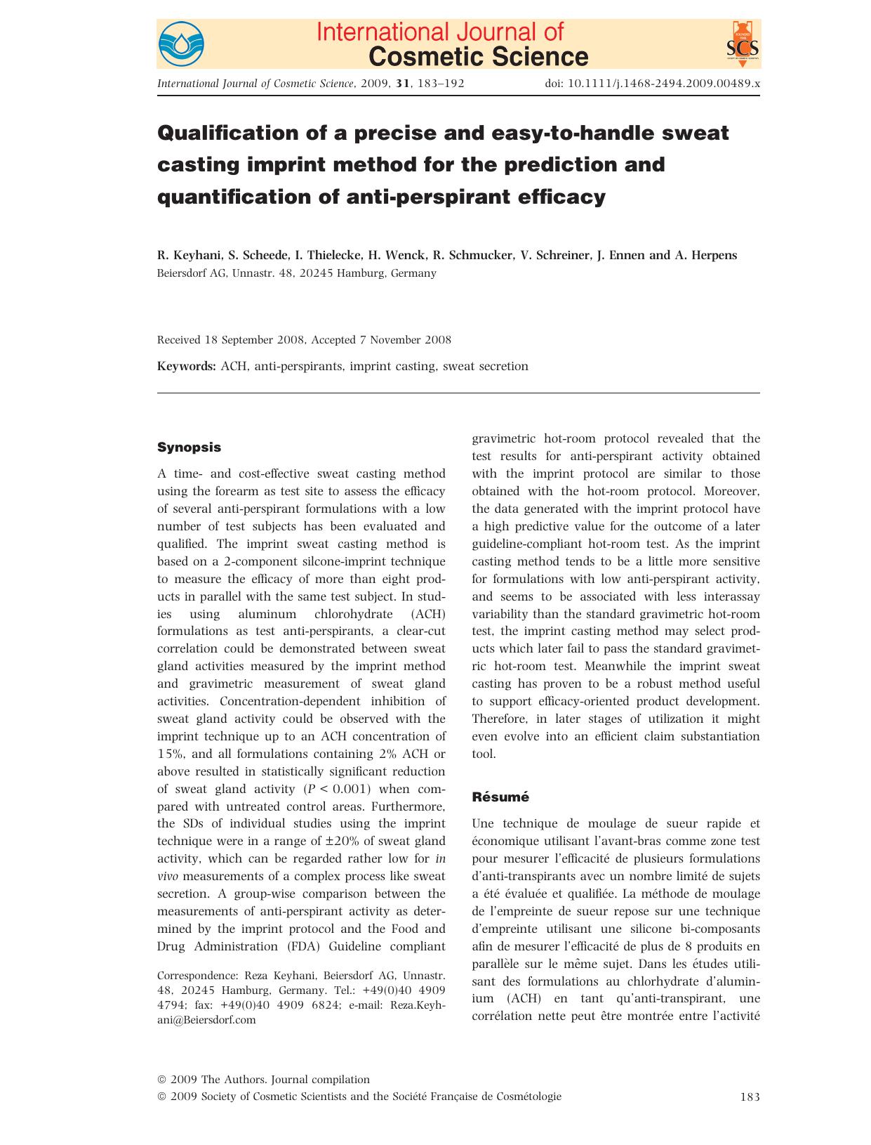Qualification of a precise and easy-to-handle sweat casting imprint method for the prediction and quantification of anti-perspirant efficacy by Unknown