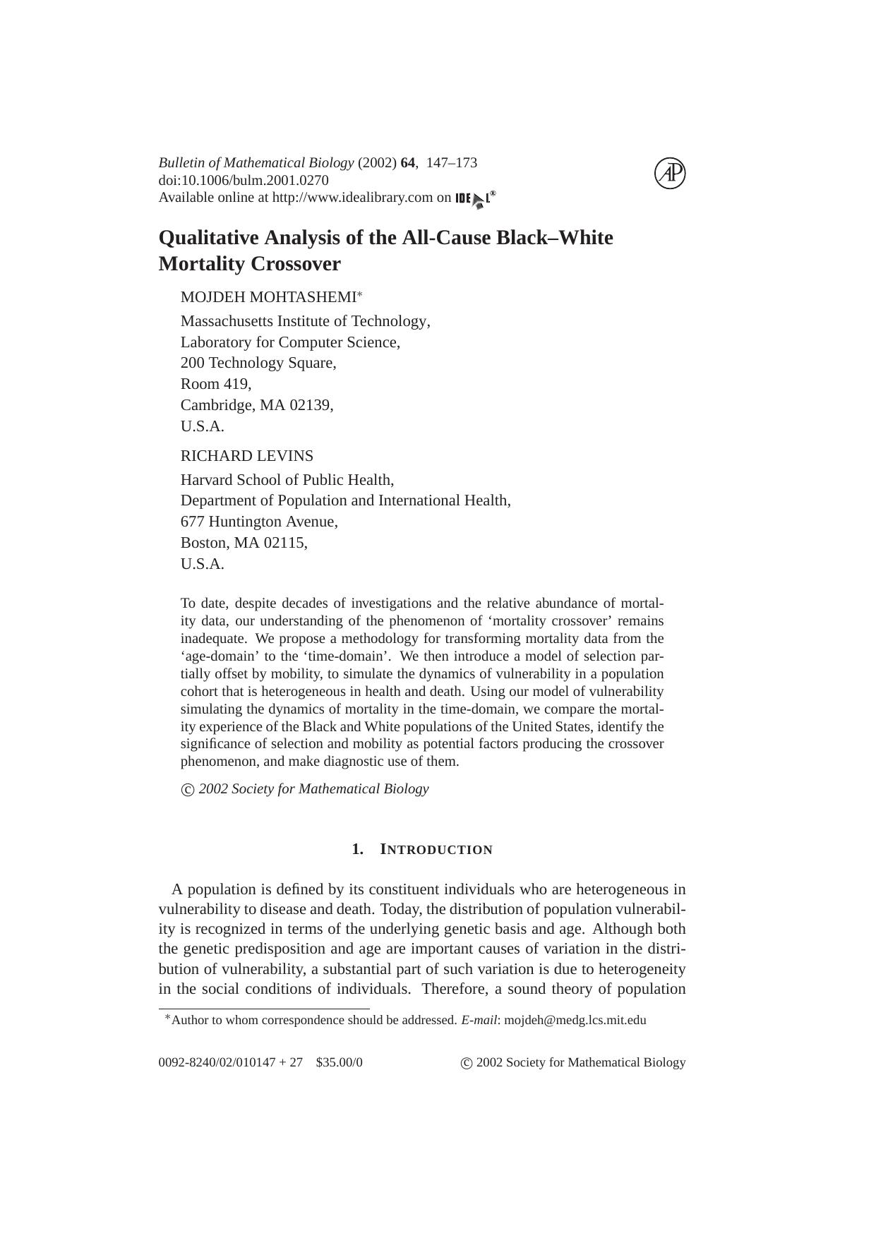 Qualitative Analysis of the All-Cause Black--White Mortality Crossover by M. Mohtashemi & R. Levins