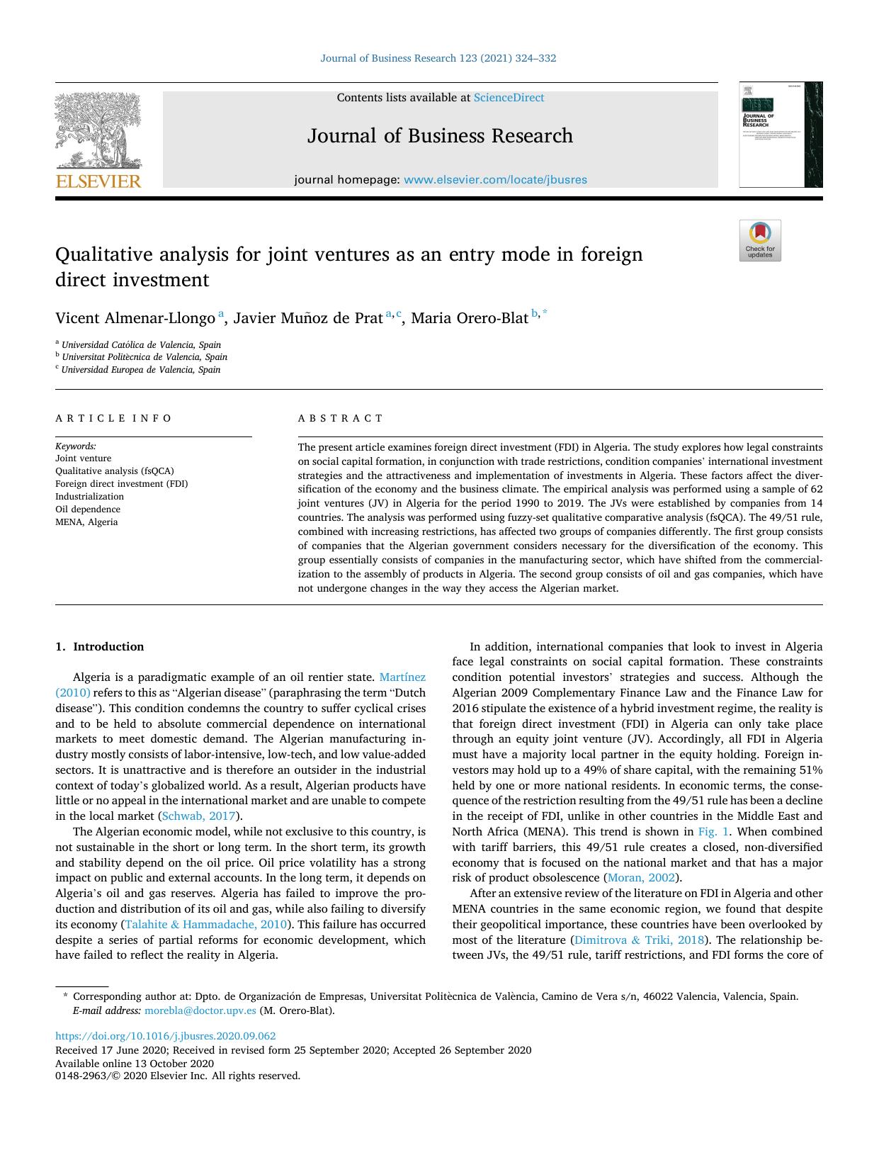 Qualitative analysis for joint ventures as an entry mode in foreign direct investment by Vicent Almenar-Llongo