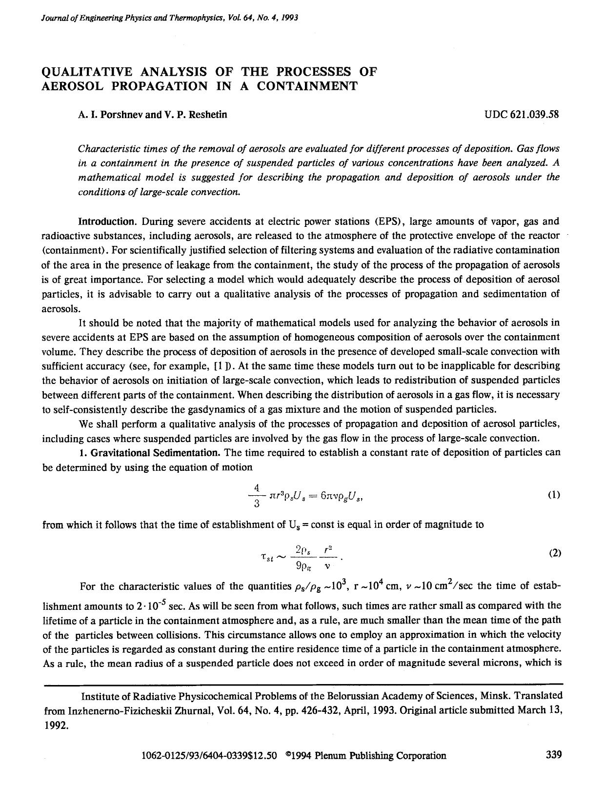 Qualitative analysis of the processes of aerosol propagation in a containment by Unknown