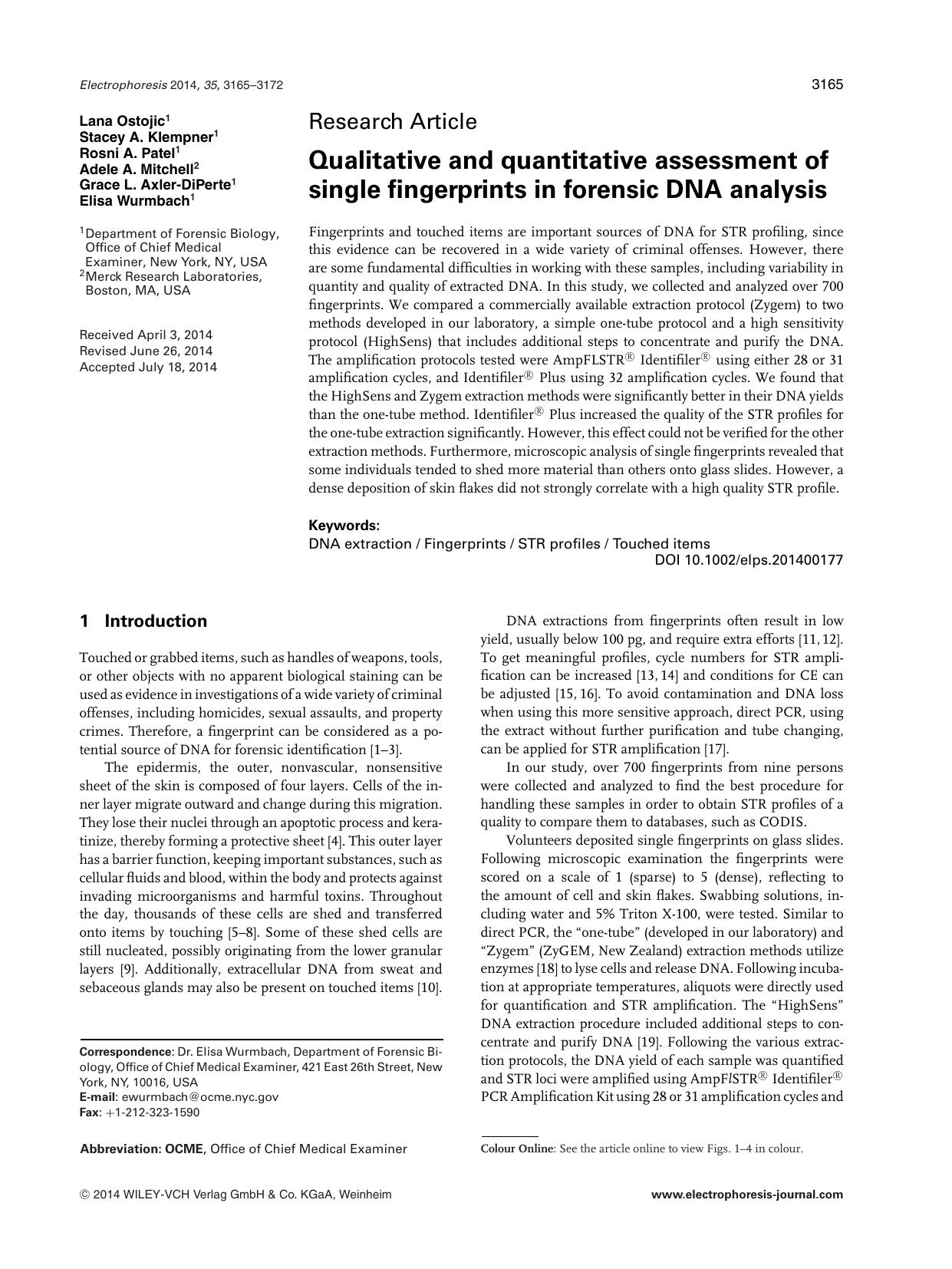 Qualitative and quantitative assessment of single fingerprints in forensic DNA analysis by Unknown