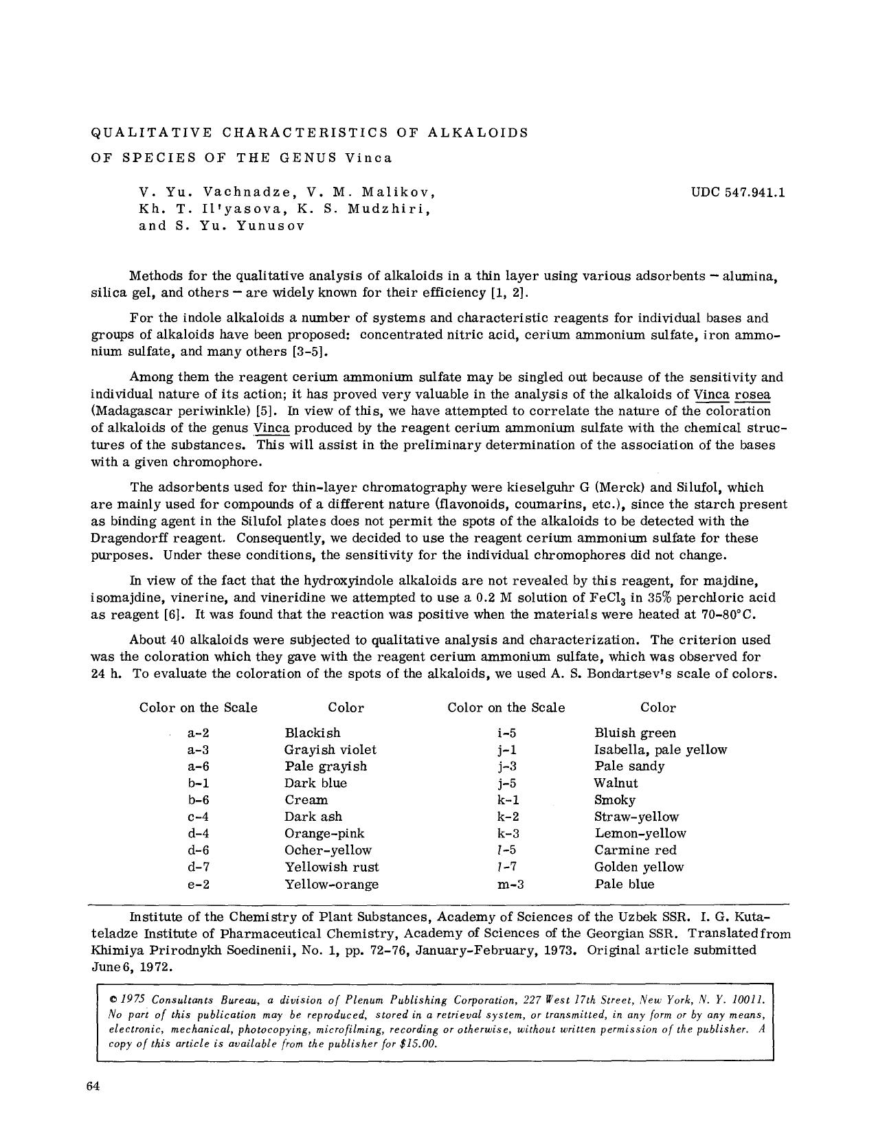 Qualitative characteristics of alkaloids of species of the genus Vinca by Unknown