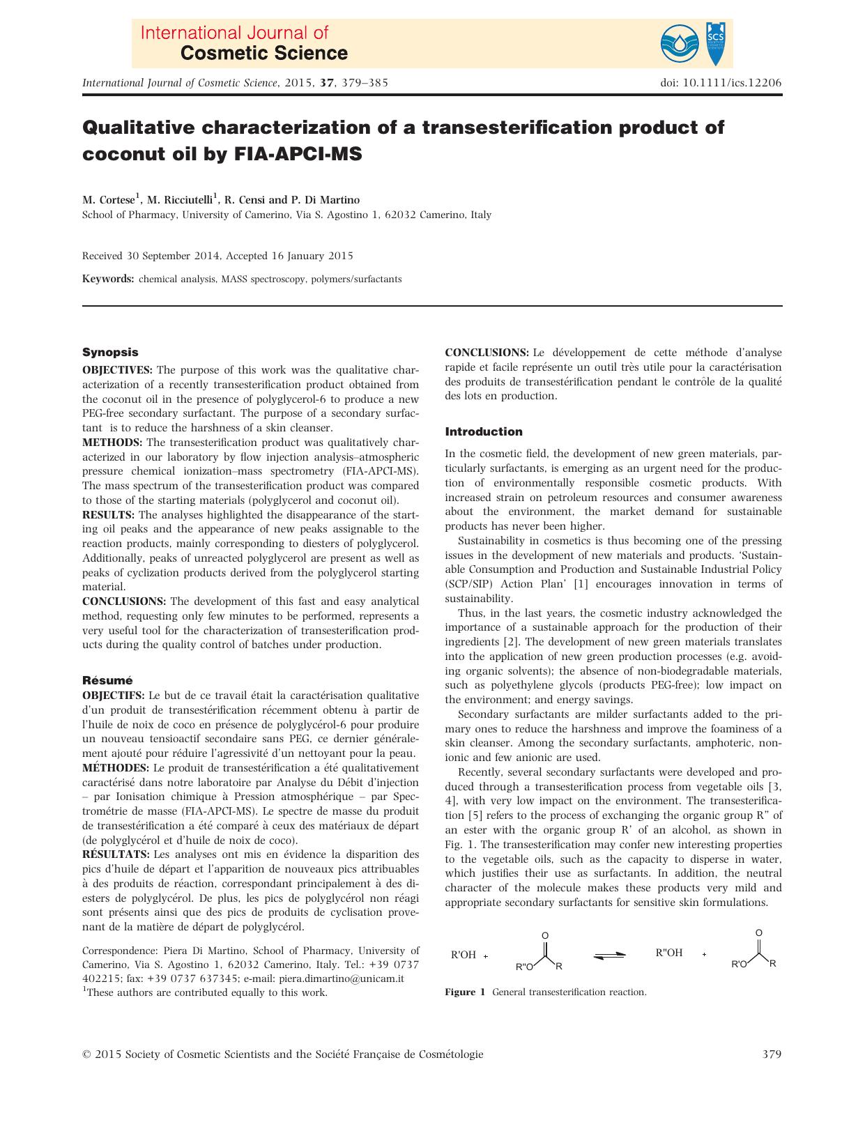 Qualitative characterization of a transesterification product of coconut oil by FIA‐APCI‐MS by Unknown