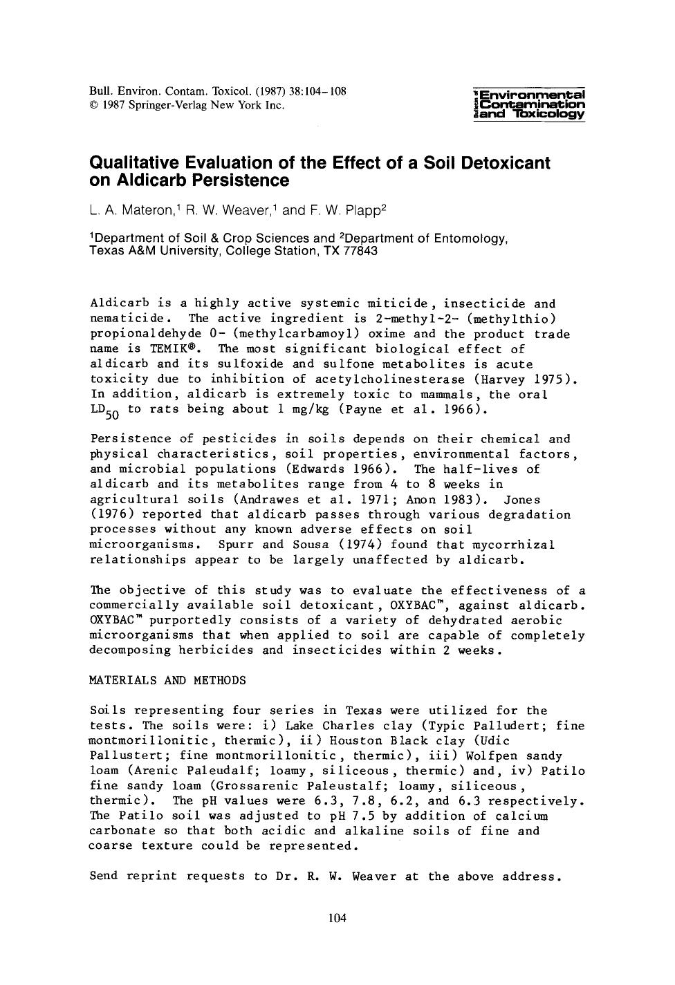 Qualitative evaluation of the effect of a soil detoxicant on aldicarb persistence by Unknown
