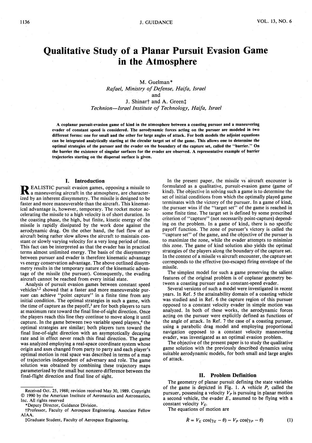Qualitative study of a planar pursuit evasion game in the atmosphere by Unknown