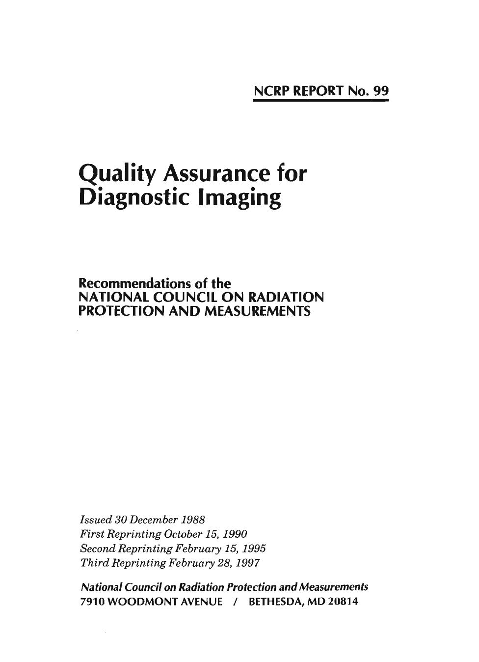 Quality Assurance for Diagnostic Imaging Equipment (Ncrp Report : No. 99) by National Council On Radiation Protection Ncrp