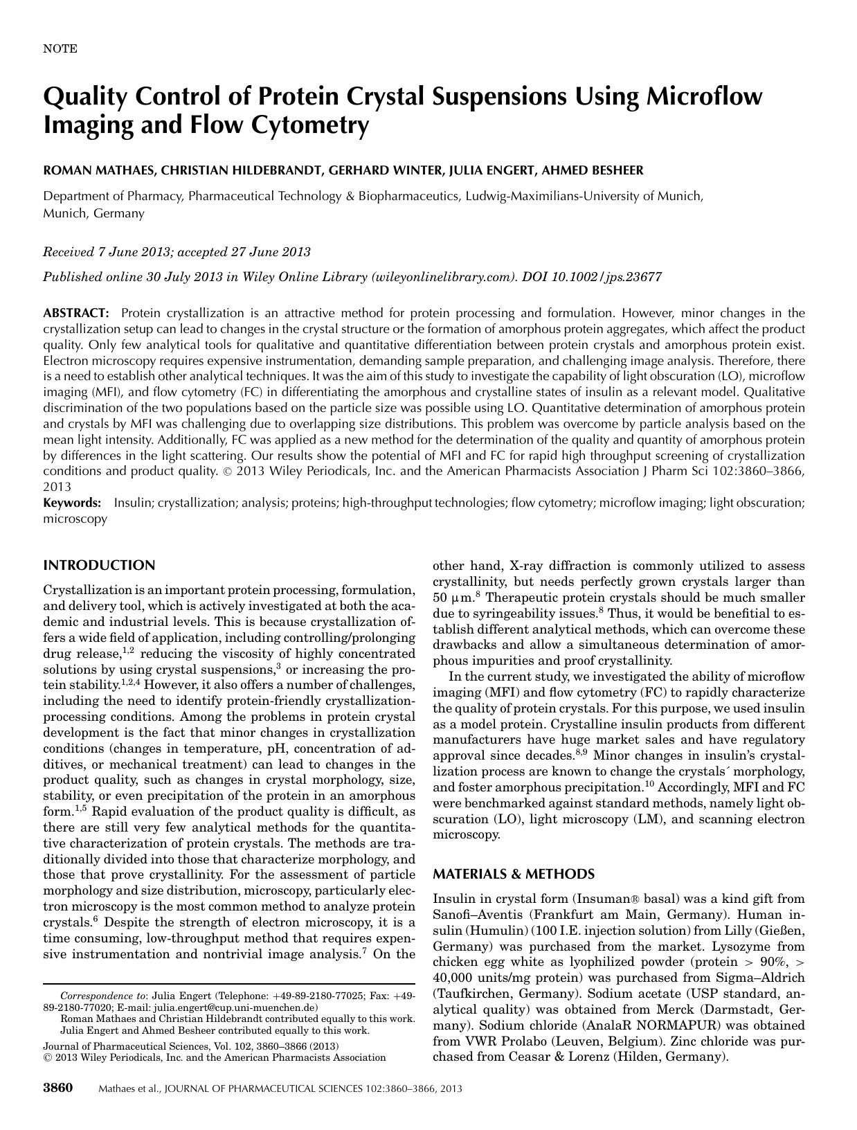 Quality Control of Protein Crystal Suspensions Using Microflow Imaging and Flow Cytometry by Unknown