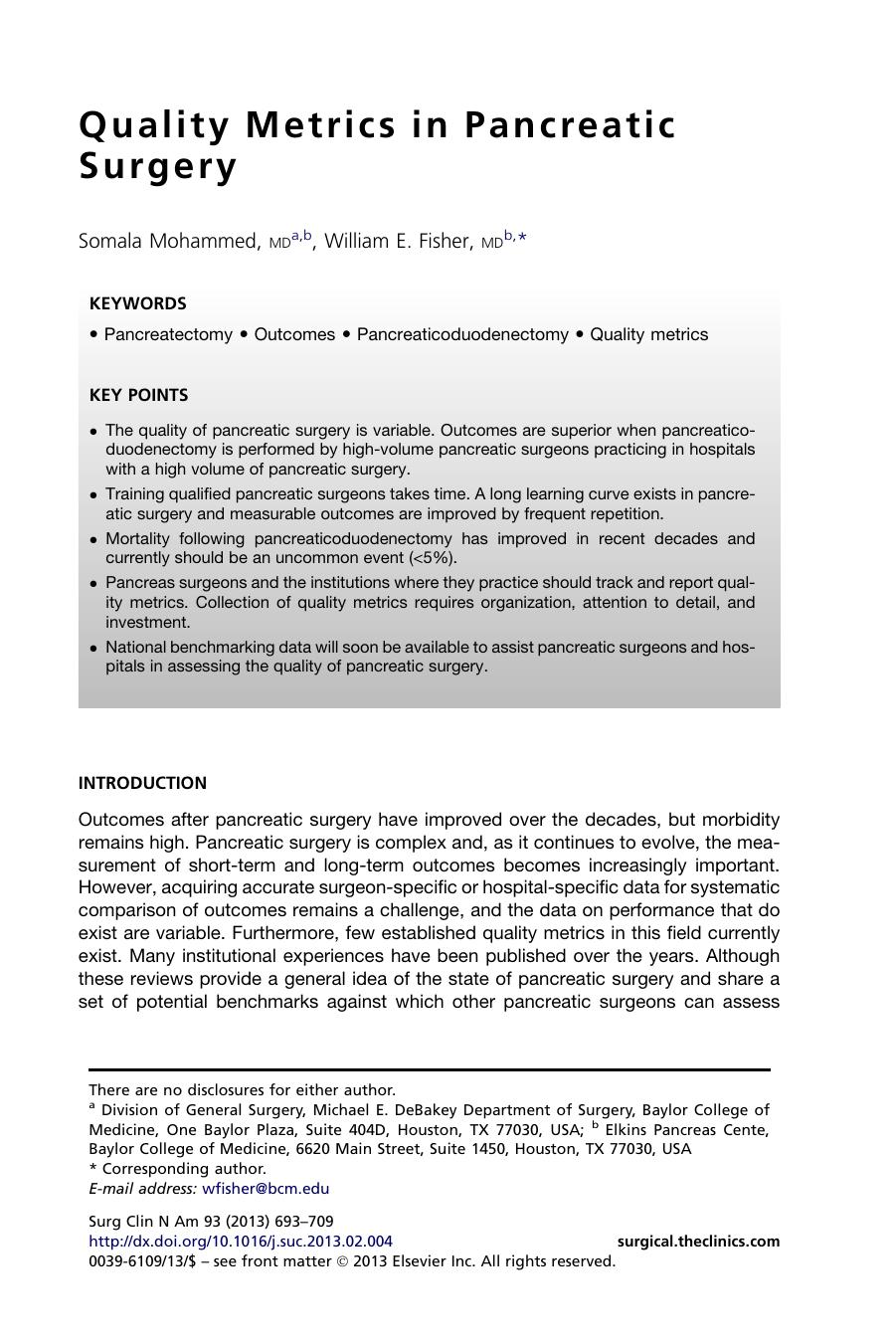 Quality Metrics in Pancreatic Surgery by Somala Mohammed MD & William E. Fisher MD