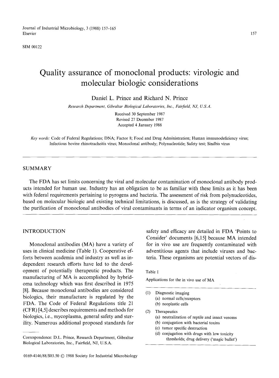 Quality assurance of monoclonal products: Virologic and molecular biologic considerations by Unknown