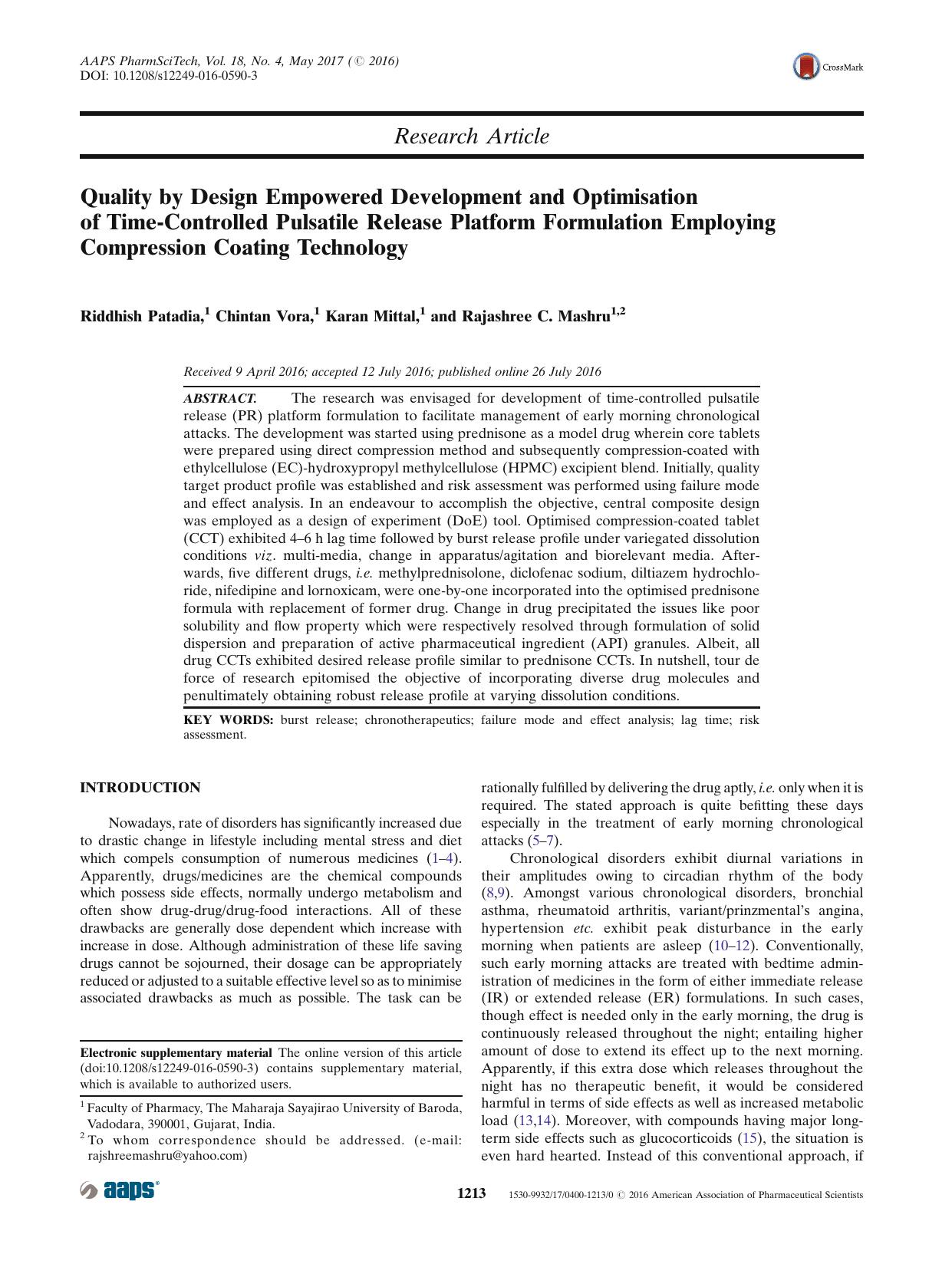 Quality by Design Empowered Development and Optimisation of Time-Controlled Pulsatile Release Platform Formulation Employing Compression Coating Technology by Riddhish Patadia & Chintan Vora & Karan Mittal & Rajashree C. Mashru
