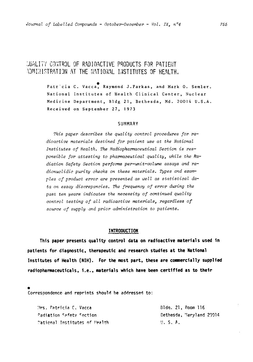 Quality control of radioactive products for patient administration at the national institutes of health by Unknown