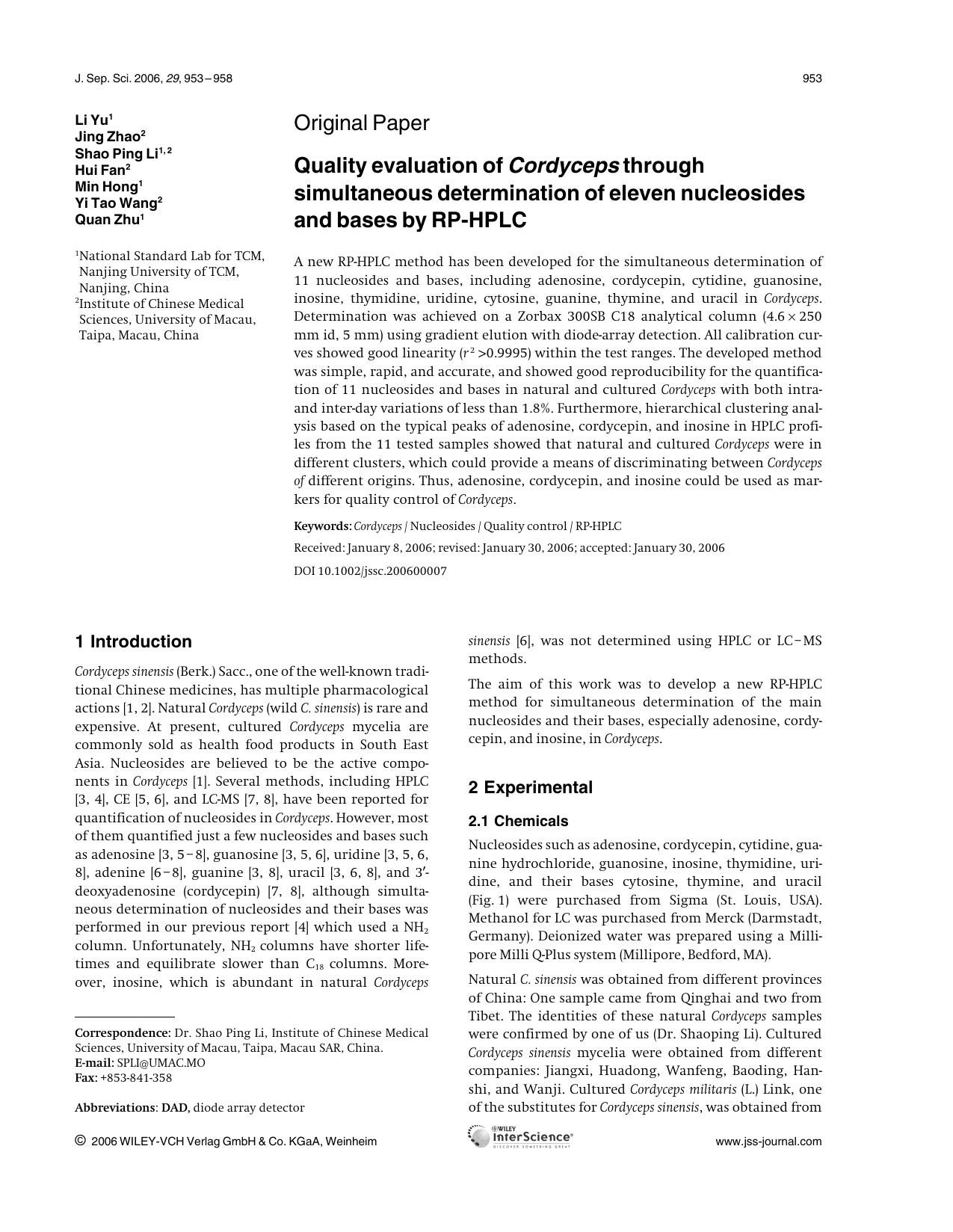 Quality evaluation of Cordyceps through simultaneous determination of eleven nucleosides and bases by RP-HPLC by Unknown