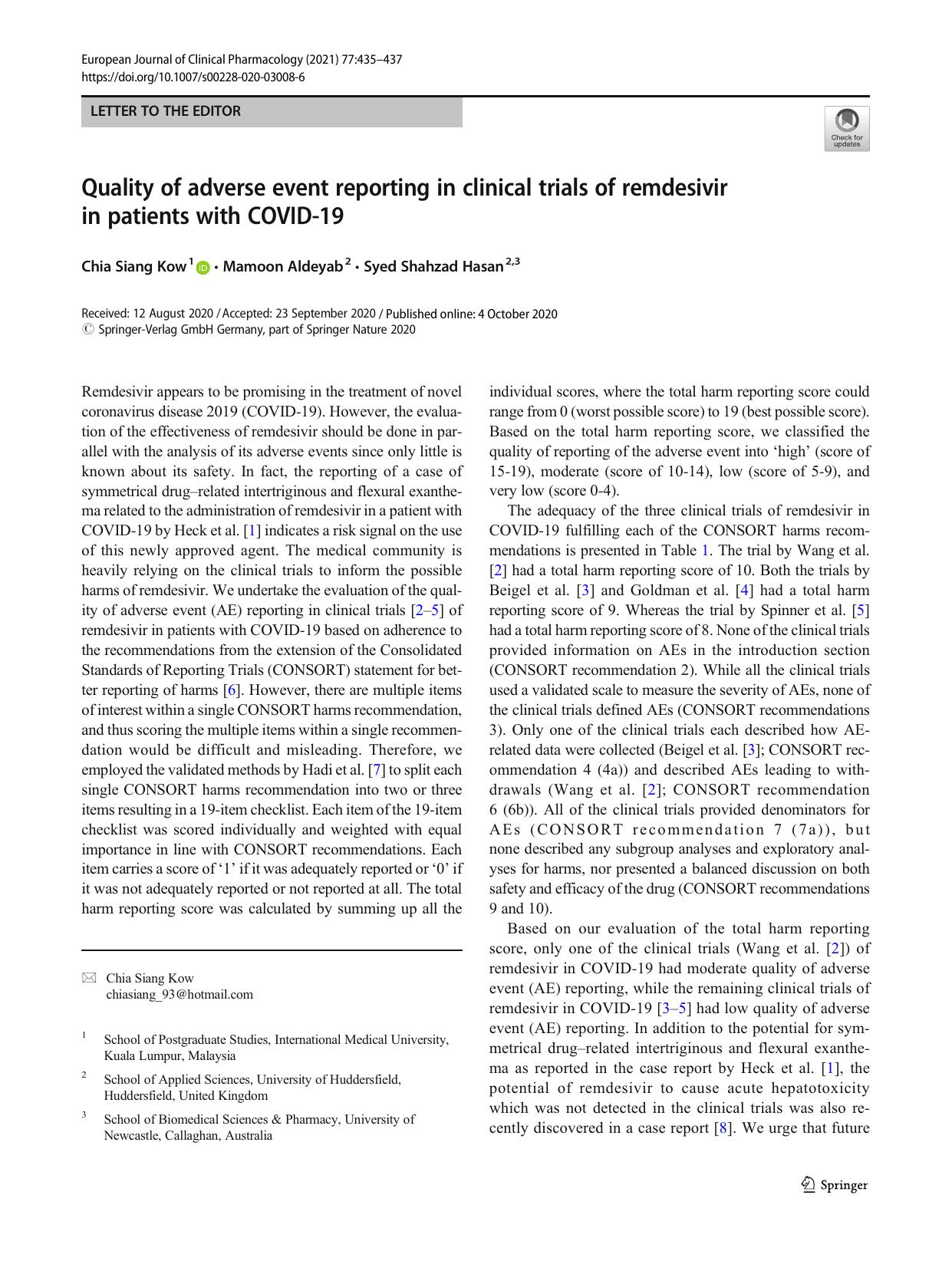 Quality of adverse event reporting in clinical trials of remdesivir in patients with COVID-19 by Chia Siang Kow & Mamoon Aldeyab & Syed Shahzad Hasan
