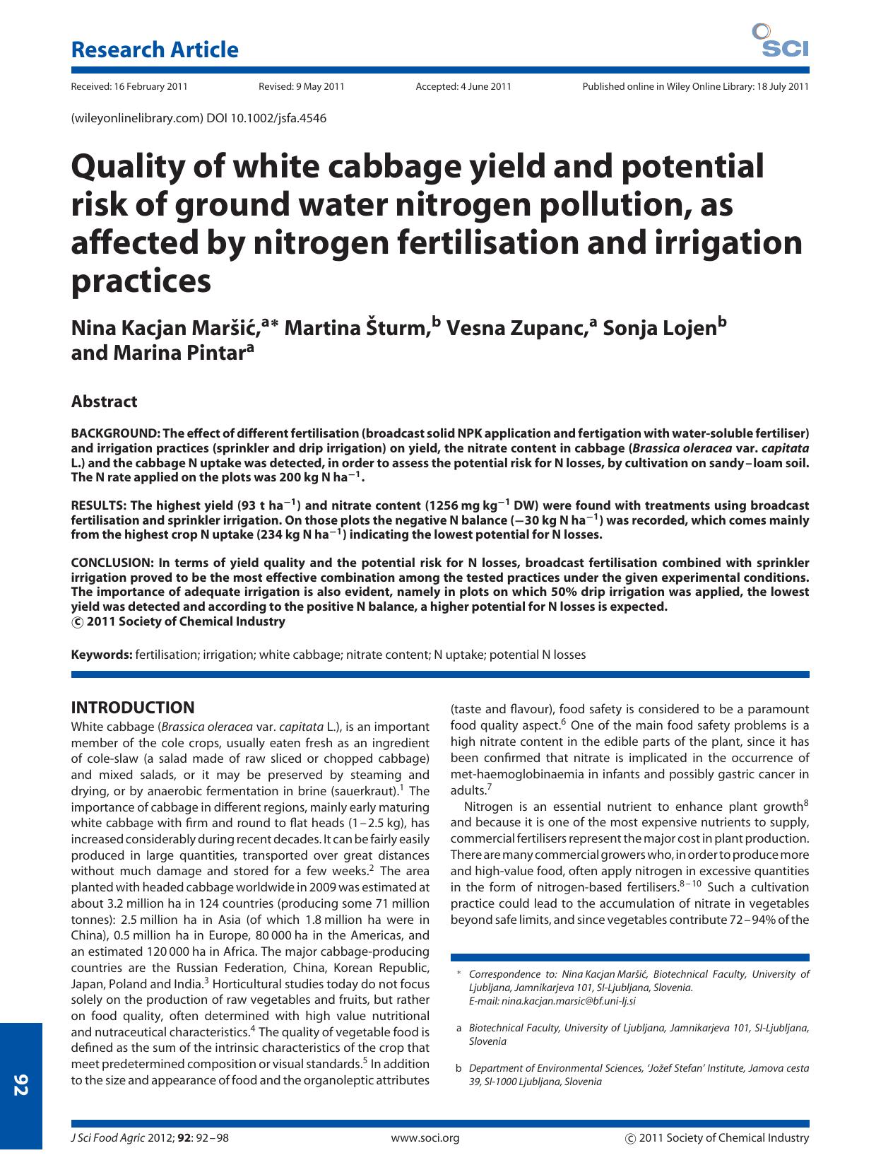 Quality of white cabbage yield and potential risk of ground water nitrogen pollution, as affected by nitrogen fertilisation and irrigation practices by Unknown
