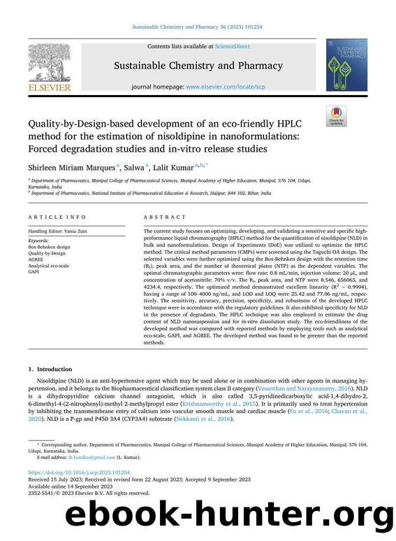 Quality-by-Design-based development of an eco-friendly HPLC method for the estimation of nisoldipine in nanoformulations: Forced degradation studies and in-vitro release studies by Shirleen Miriam Marques & Salwa & Lalit Kumar