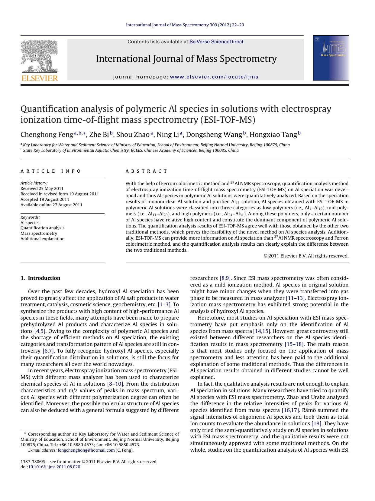 Quantification analysis of polymeric Al species in solutions with electrospray ionization time-of-flight mass spectrometry (ESI-TOF-MS) by Chenghong Feng