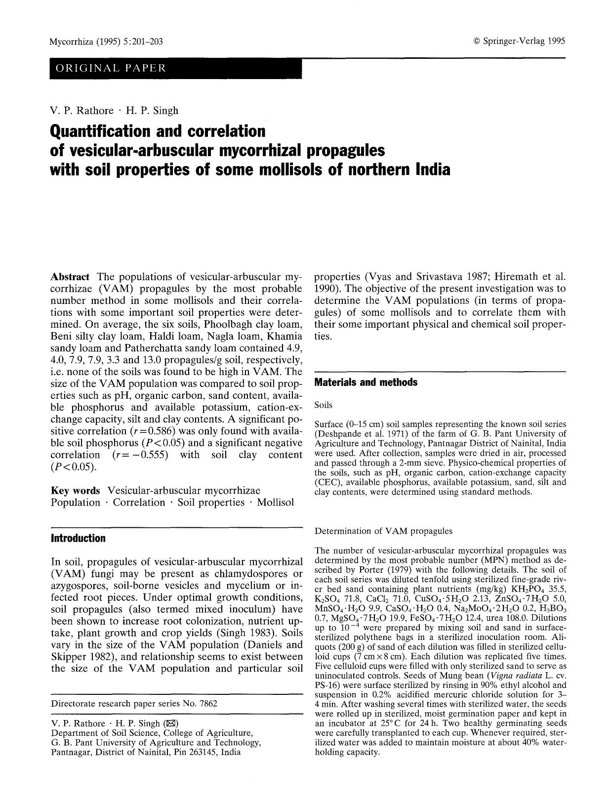 Quantification and correlation of vesicular-arbuscular mycorrhizal propagules with soil properties of some mollisols of northern India by Unknown