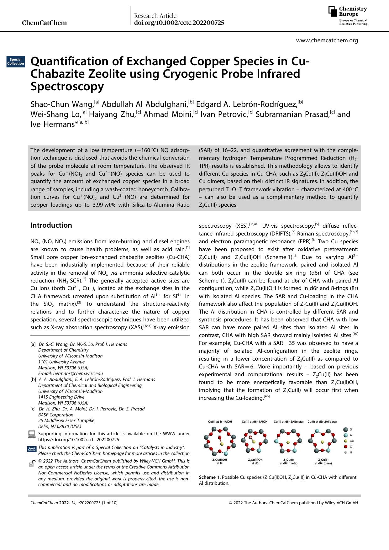 Quantification of Exchanged Copper Species in CuâChabazite Zeolite using Cryogenic Probe Infrared Spectroscopy by Unknown