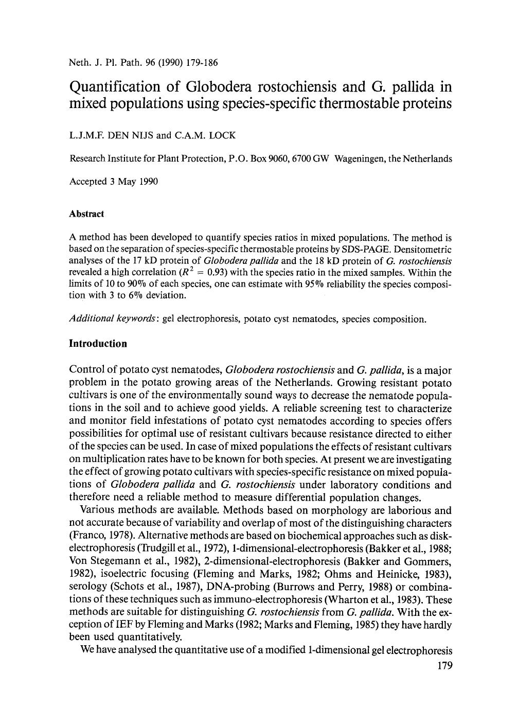 Quantification of Globodera rostochiensis and G. pallida in mixed populations using species-specific thermostable proteins by Unknown