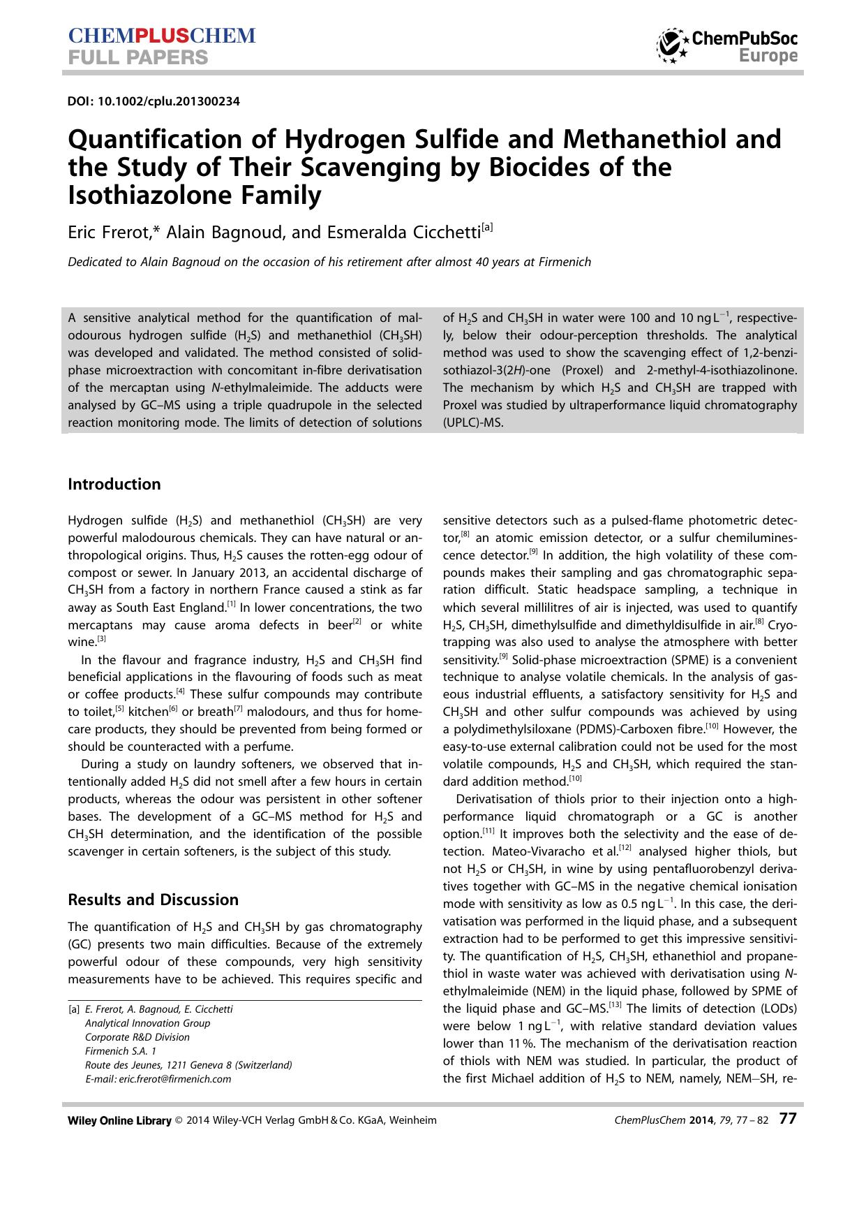 Quantification of Hydrogen Sulfide and Methanethiol and the Study of Their Scavenging by Biocides of the Isothiazolone Family by Unknown