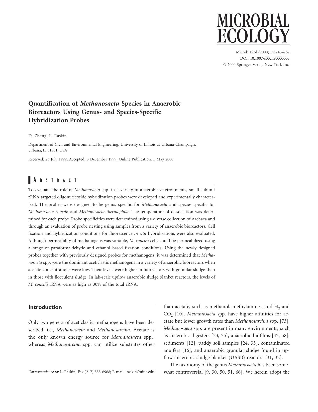 Quantification of Methanosaeta Species in Anaerobic Bioreactors Uing Genus- and Species-Specific Hybridization Probes by Zheng D. et al