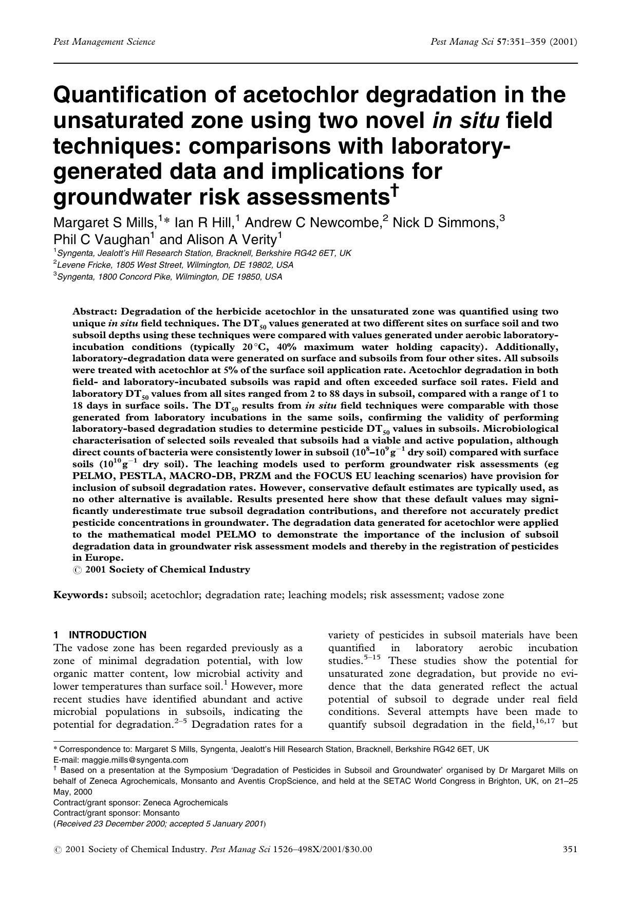 Quantification of acetochlor degradation in the unsaturated zone using two novel in situ field techniques: comparisons with laboratory-generated data and implications for groundwater risk assessments by Unknown