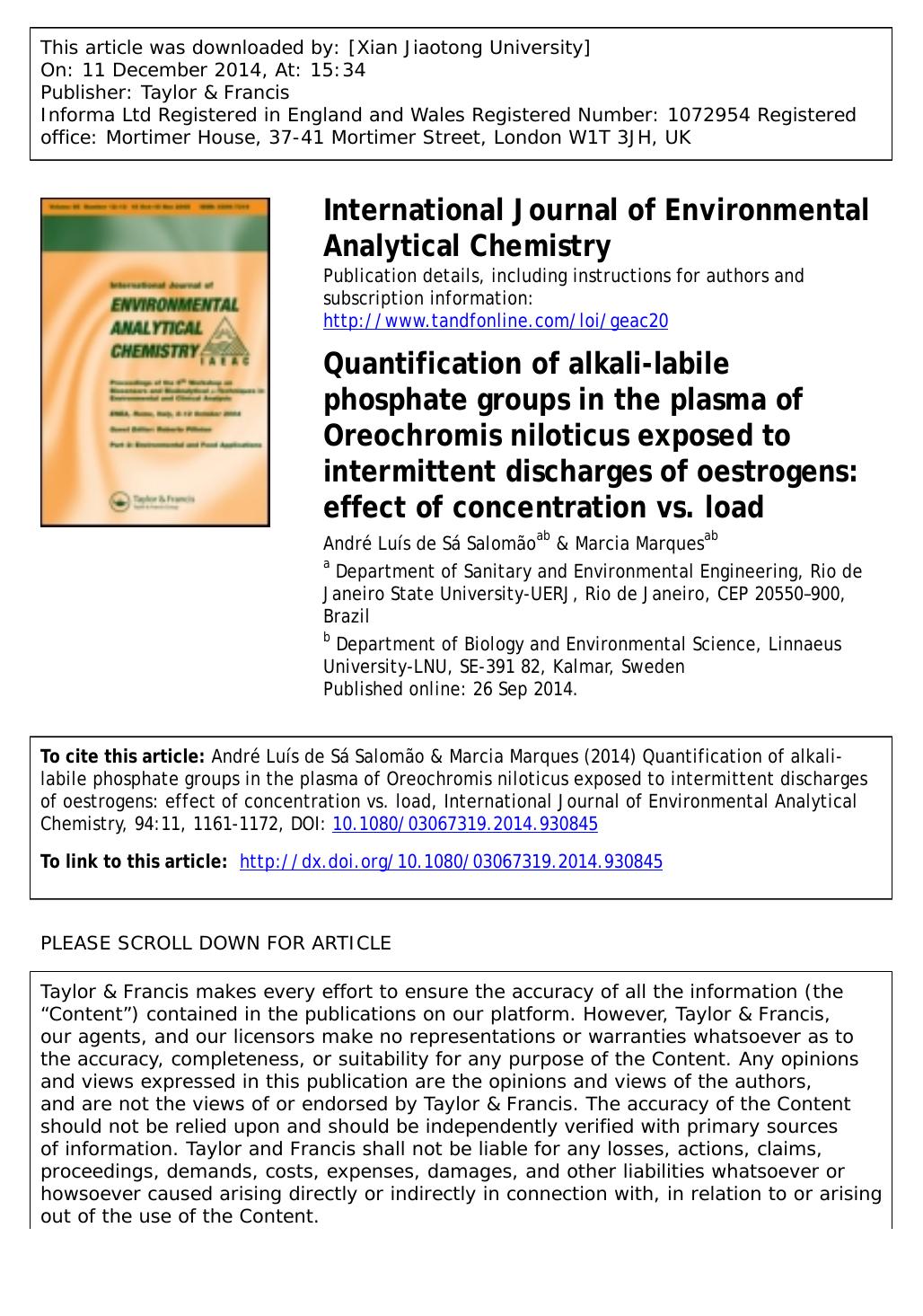 Quantification of alkali-labile phosphate groups in the plasma of Oreochromis niloticus exposed to intermittent discharges of oestrogens: effect of concentration vs. load by André Luís de Sá Salomão