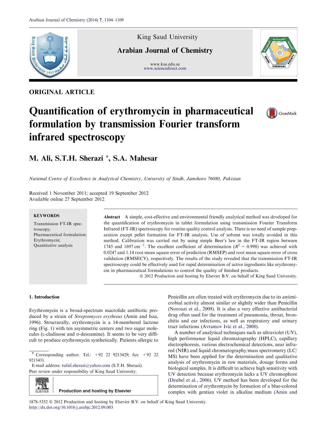 Quantification of erythromycin in pharmaceutical formulation by transmission Fourier transform infrared spectroscopy by M. Ali & S.T.H. Sherazi & S.A. Mahesar