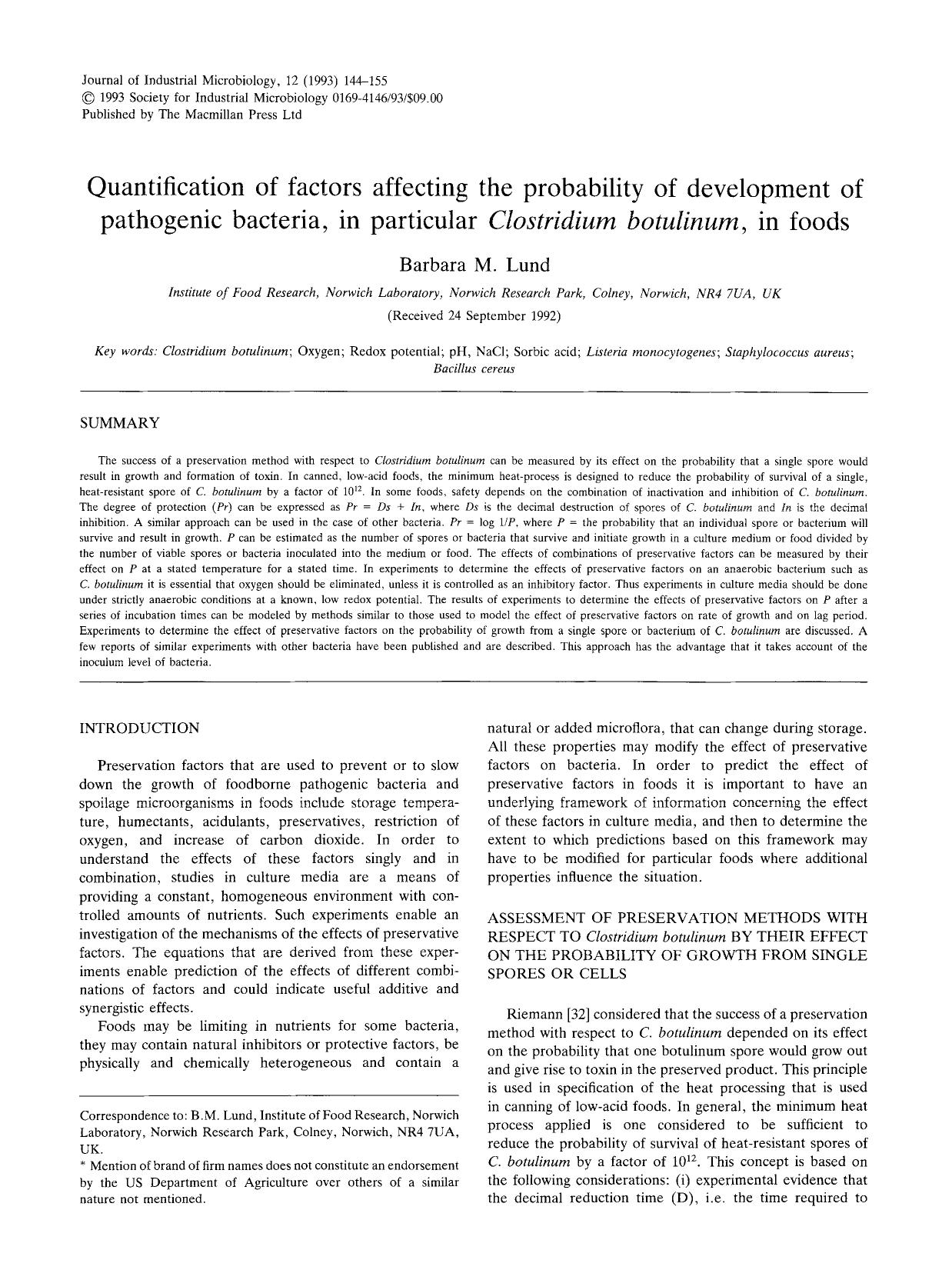 Quantification of factors affecting the probability of development of pathogenic bacteria, in particular <Emphasis Type="Italic">Clostridium botulinum <Emphasis>, in foods by Unknown